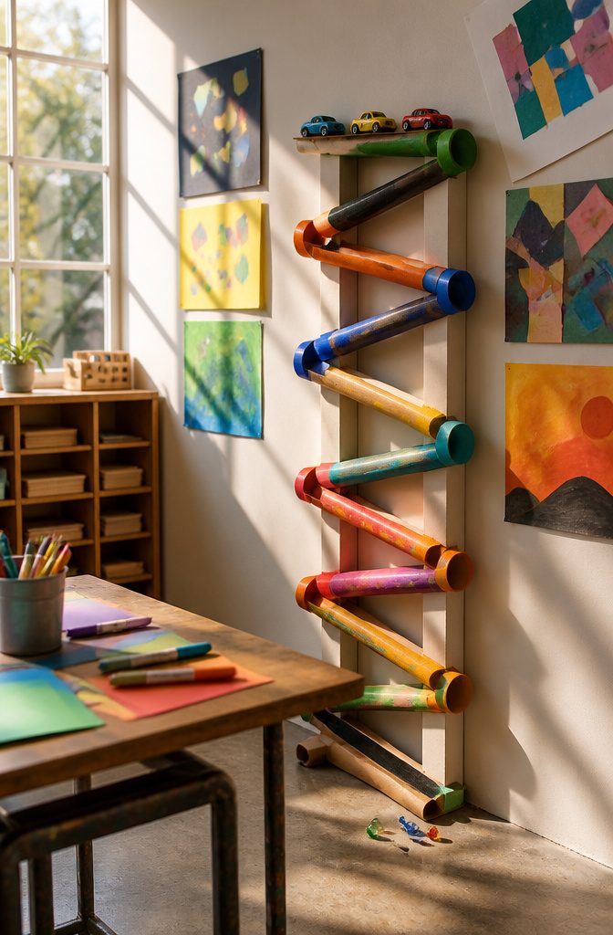 10 Simple Cardboard Crafts Kids Can Make: Easy Ideas 4 A cardboard marble run made from painted tubes, leaning against a classroom wall.