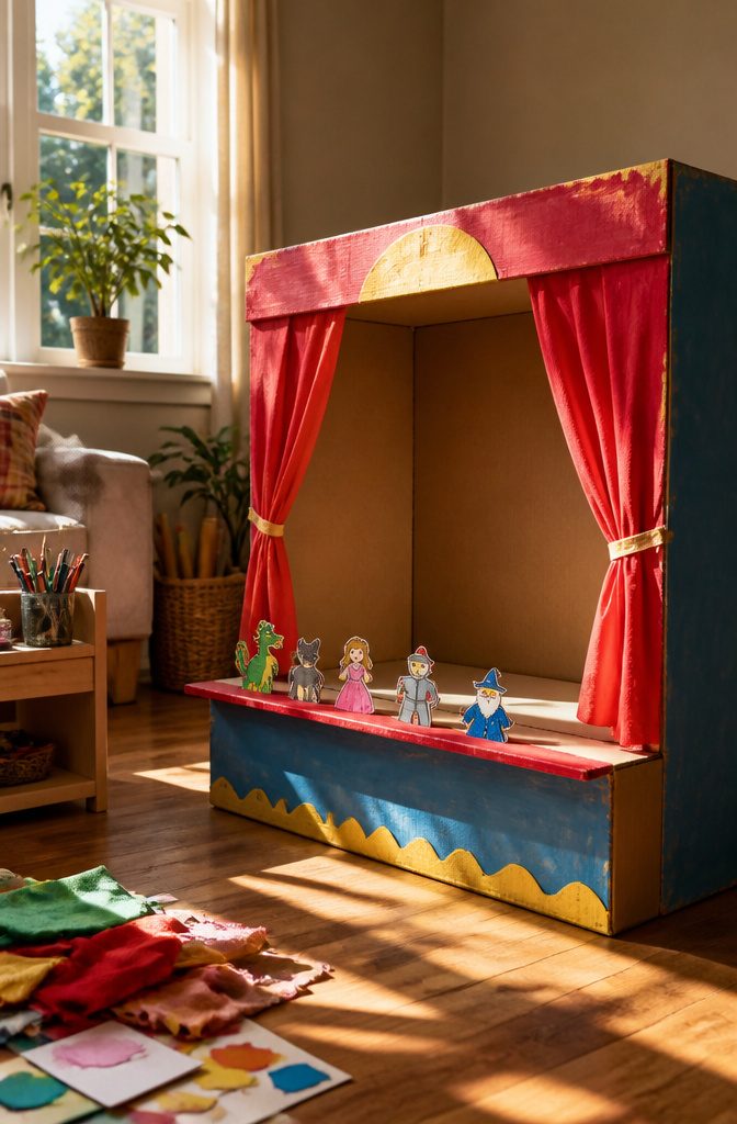10 Simple Cardboard Crafts Kids Can Make: Easy Ideas 5 A cardboard puppet theater with painted colors and curtains, holding colorful puppets.