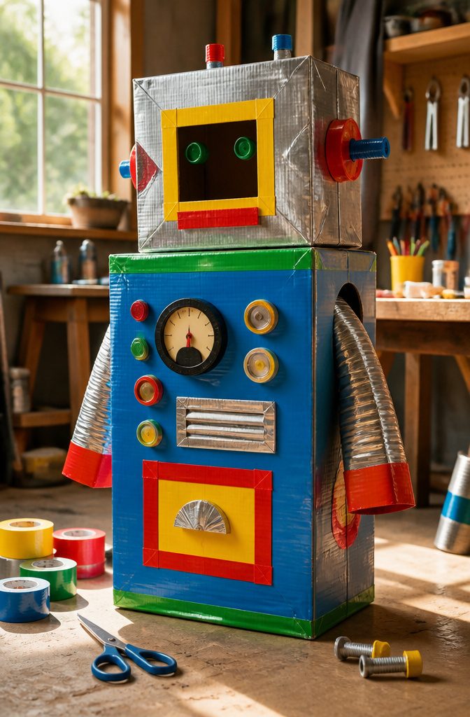 10 Simple Cardboard Crafts Kids Can Make: Easy Ideas 1 A cardboard robot costume with holes for head and arms, decorated with garage items.