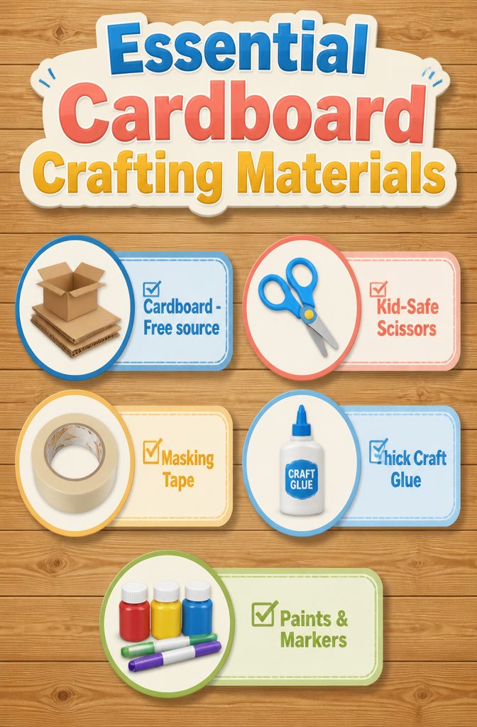 10 Simple Cardboard Crafts Kids Can Make: Easy Ideas 11 An assortment of crafting materials like cardboard, scissors, and glue for projects.