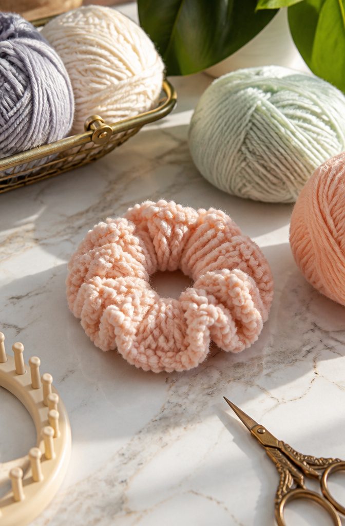A loom-knit scrunchie made from soft acrylic and cotton yarn.