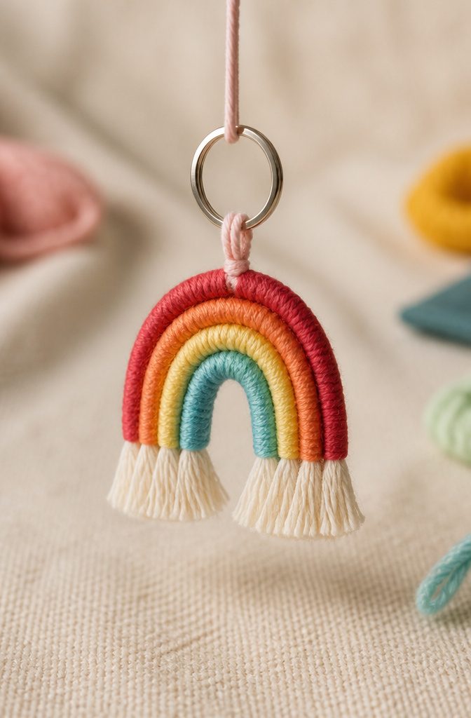 A keychain featuring a mini rainbow made of yarn.