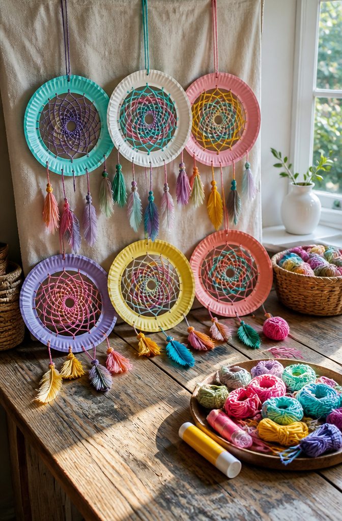 Paper plate dreamcatchers adorned with woven yarn.