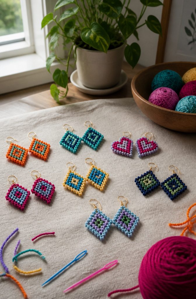 Plastic canvas earrings covered in yarn in diamond and heart shapes.