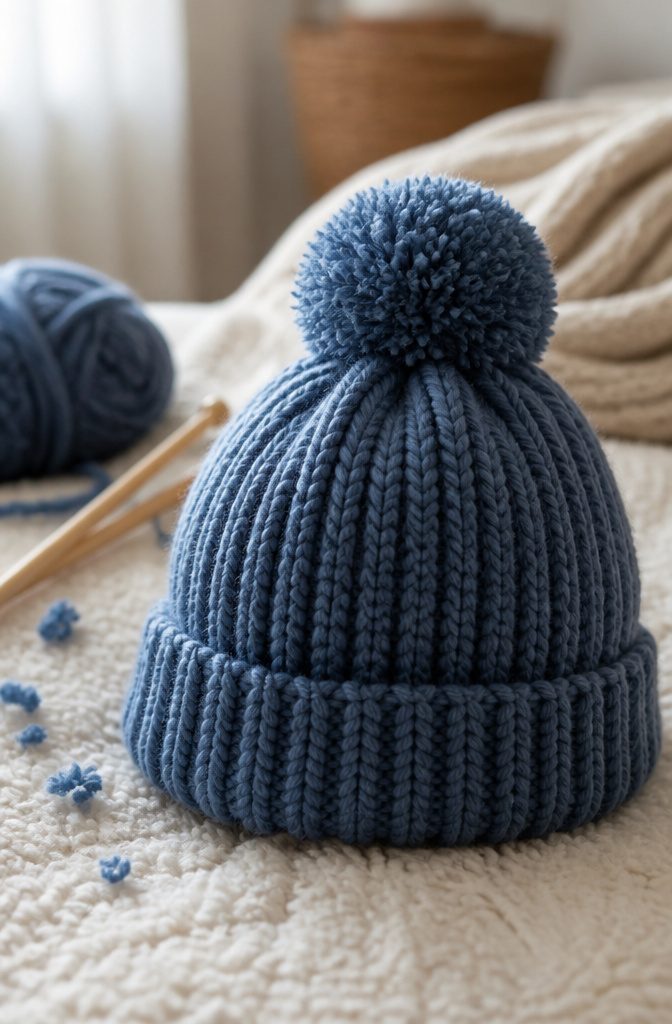 A knit hat with a pom-pom made from medium-weight yarn.