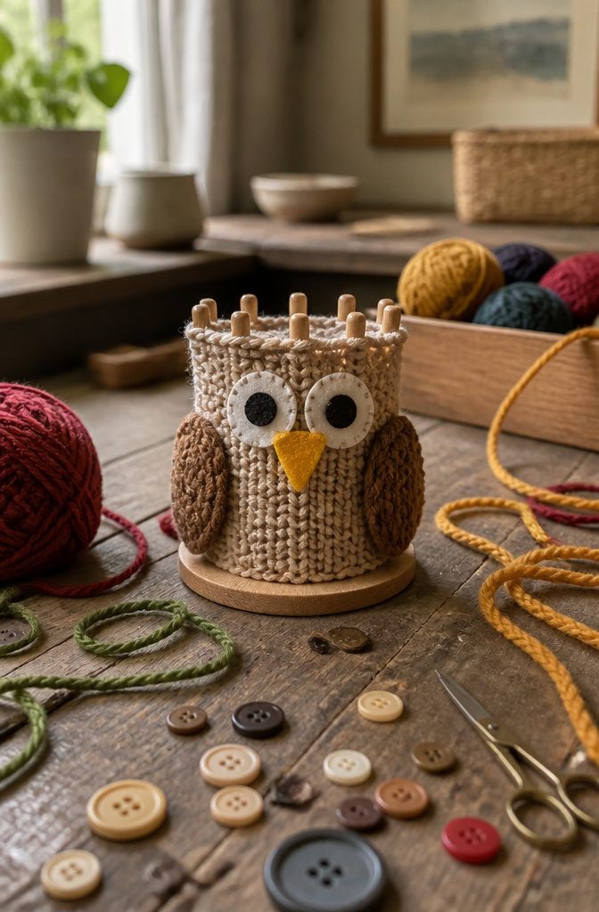 A spool-knit owl with felt eyes and a triangle beak.