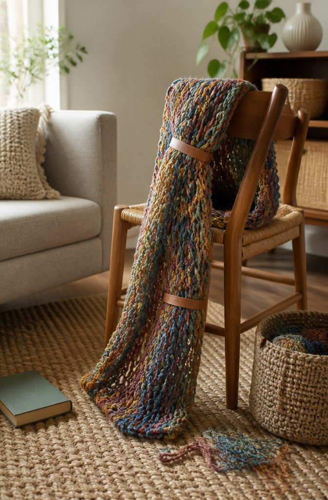 A wrapped scarf made from colorful yarn.