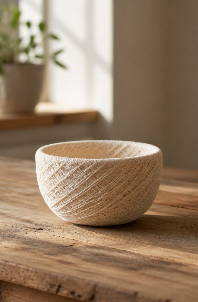 A yarn bowl created by wrapping yarn around a form.