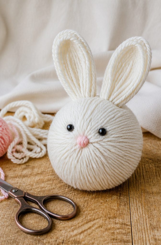 A pom-pom yarn bunny with ears and a tail.