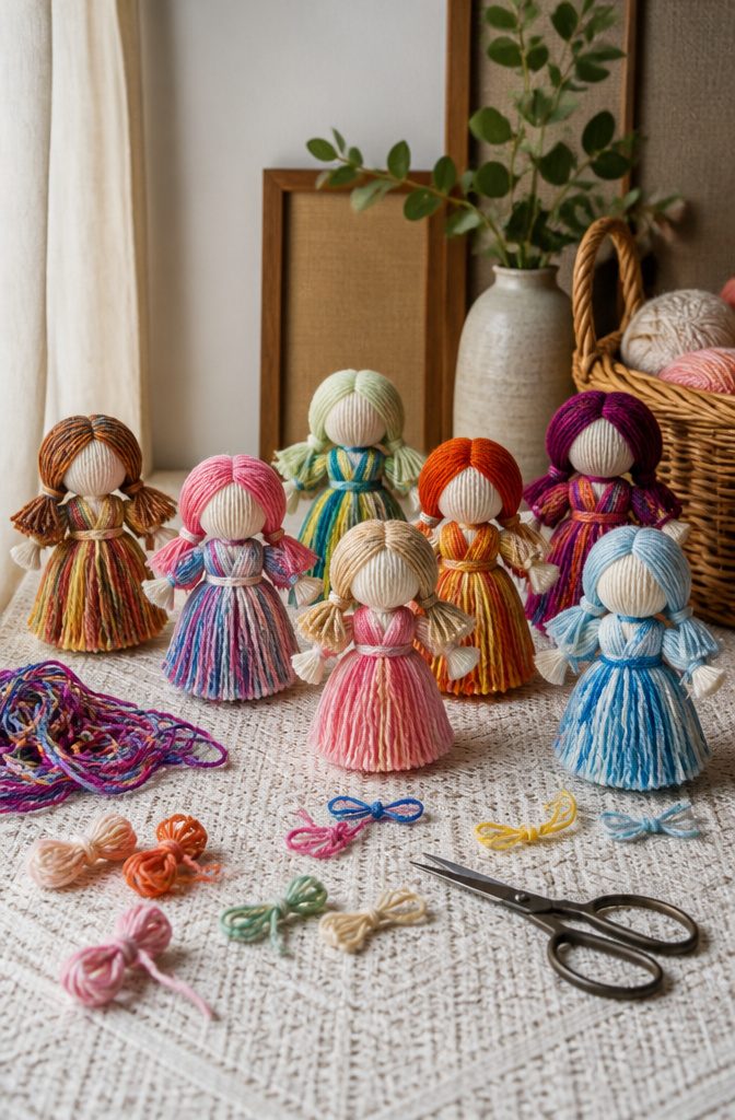 An array of colorful yarn dolls with distinct features.