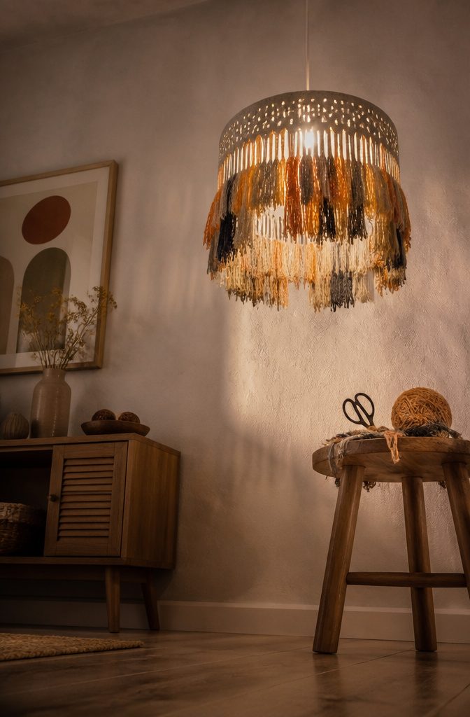 A pendant light shade with yarn fringe attached.