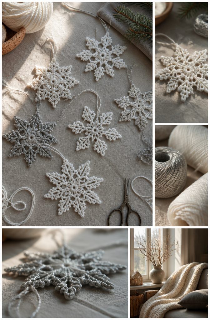 Snowflake and ice cream cone yarn ornaments.