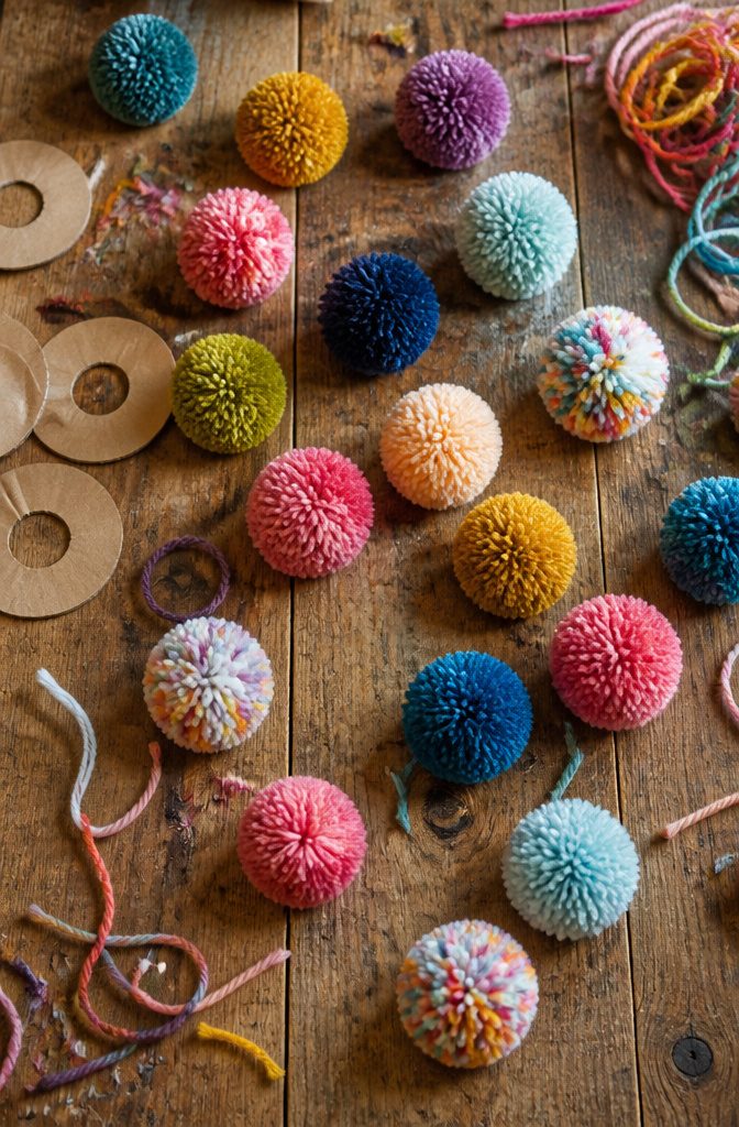 Pom-poms made from yarn using cardboard circles.