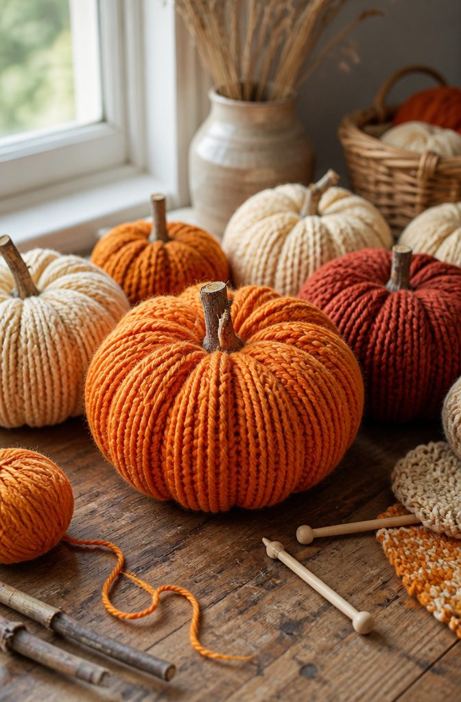 Knit pumpkins made from scrap yarn with twigs for stems.