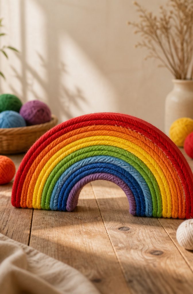 A cardboard arc wrapped in yarn to form a rainbow.