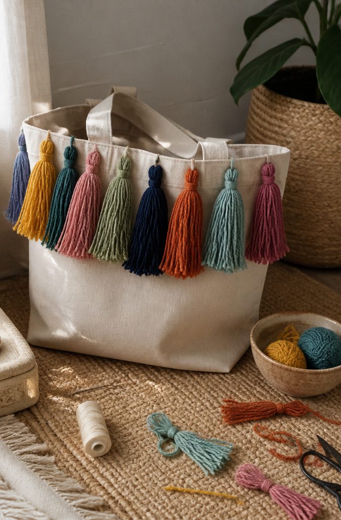 A tote bag adorned with yarn tassels.
