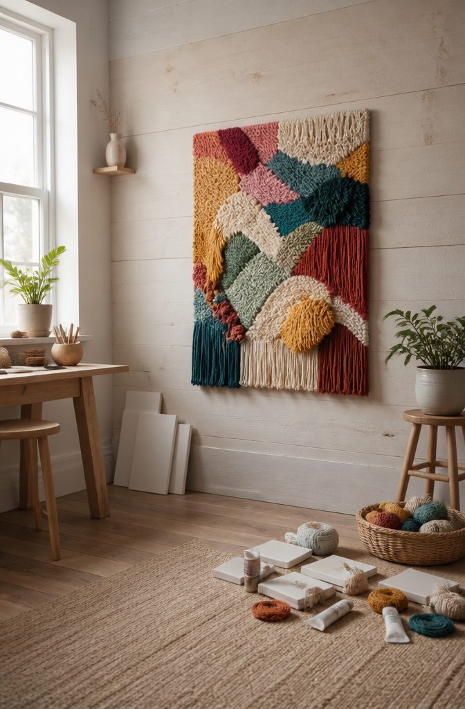 Yarn art on mini canvases with colorful yarn pieces.