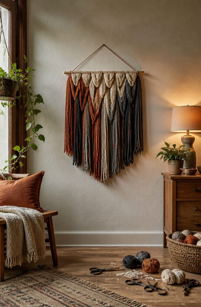 A wall hanging made from yarn and a dowel.