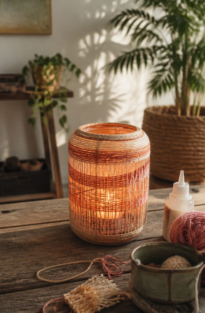 A lantern wrapped in yarn with warm tones.