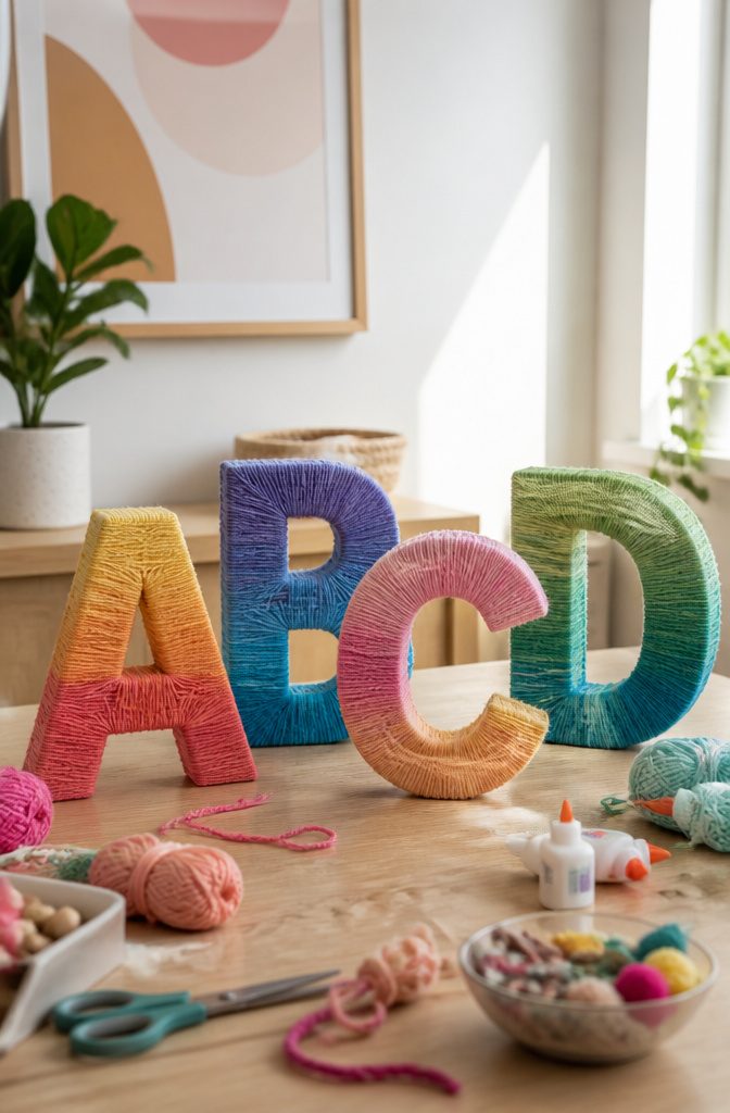 Wooden letters wrapped in yarn with an ombre design.