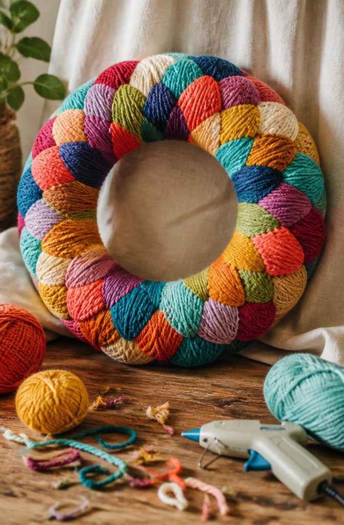 A wreath wrapped in yarn with decorative elements.