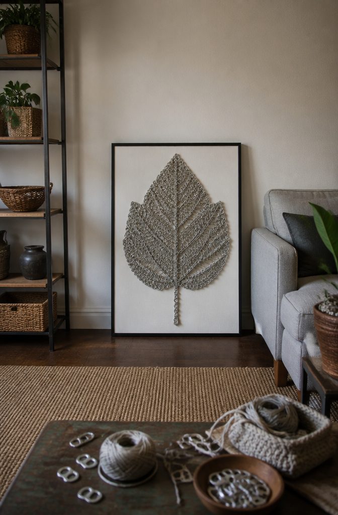 Art piece featuring pop tabs arranged in the shape of a leaf.