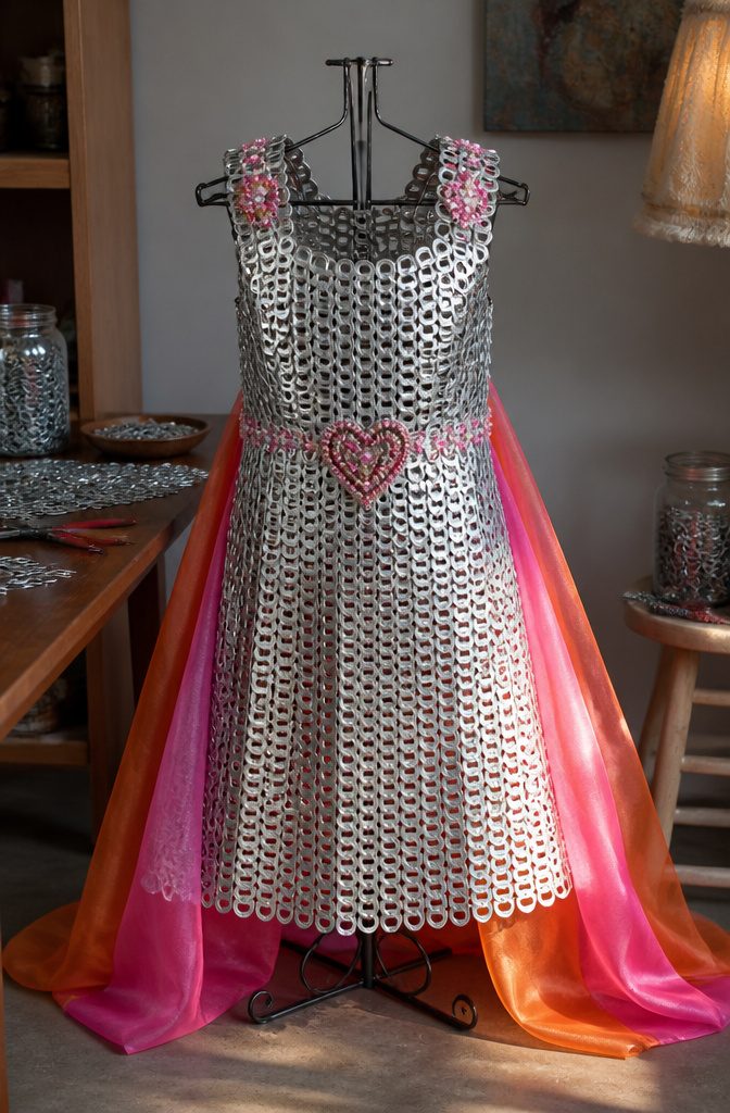 Child's costume made from pop tabs resembling chainmail.