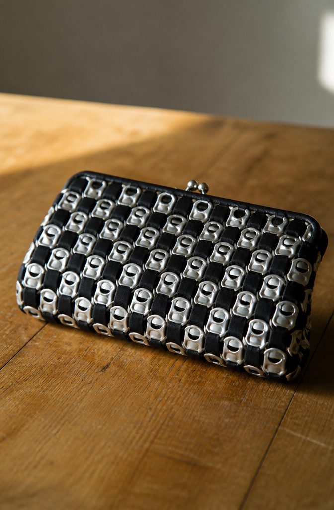 Clutch purse featuring a checkerboard pattern of soda can tabs.