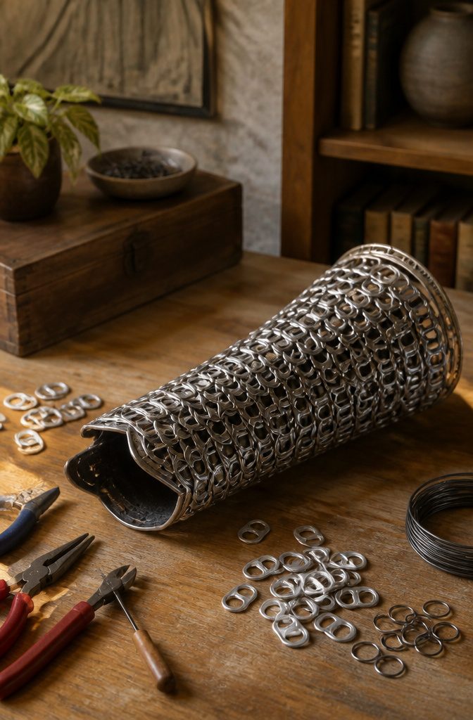 Forearm guard made from linked soda can tabs.