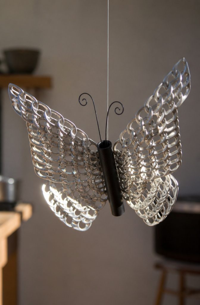 Butterfly sculpture made from layered soda can tabs.