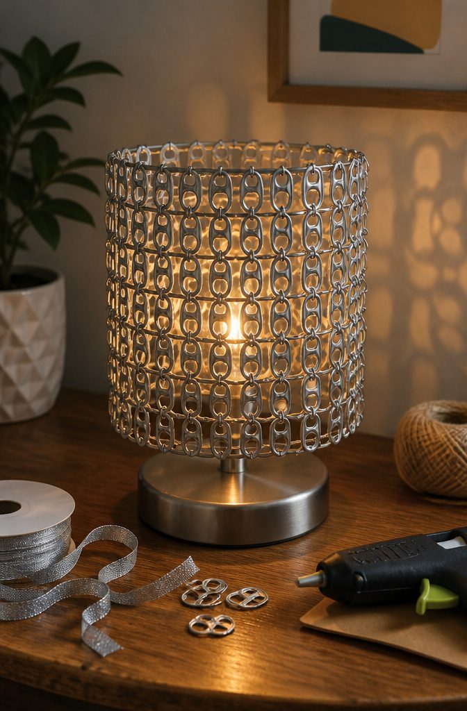 Lamp shade made from linked soda can tabs.