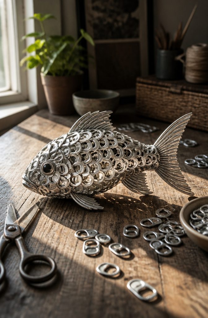 Fish sculpture made from overlapping soda can tabs.