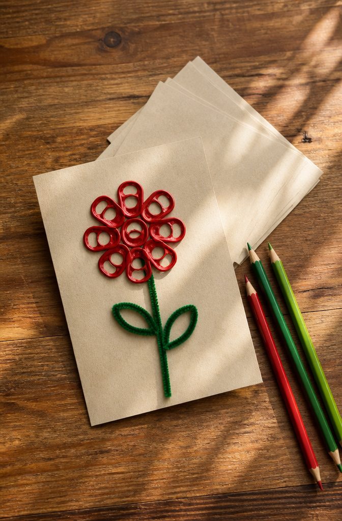 Greeting card featuring a flower made from soda can tabs.