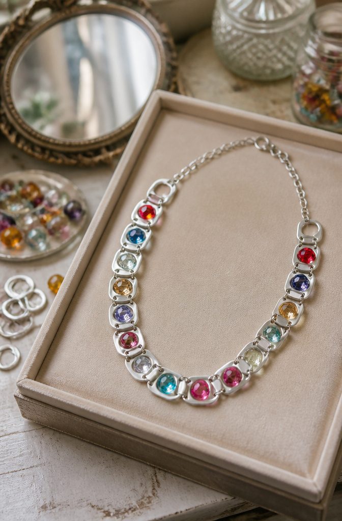 Necklace made from soda can tabs and gemstone beads.