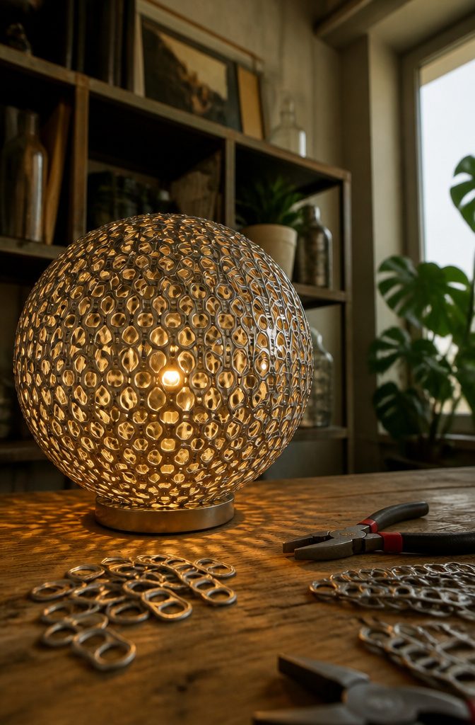 Lamp with a shade constructed from linked soda can tabs.