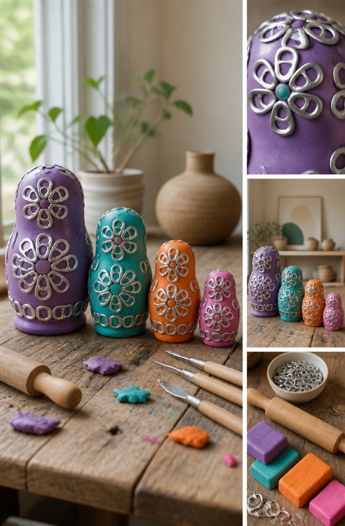 Dolls made from molding clay and decorated with soda can tabs.