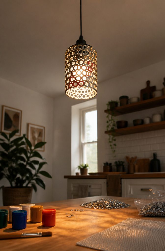 Pendant light covered with linked soda can tabs.