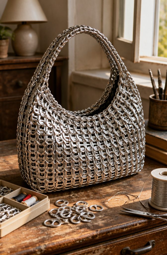 Handbag constructed from linked soda can tabs.