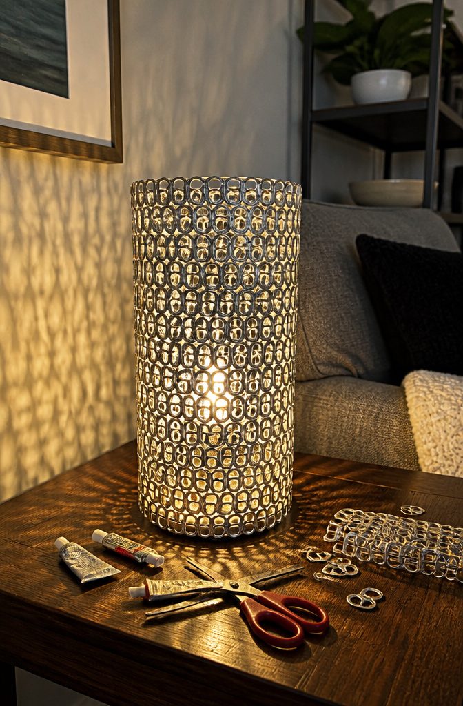 Table lamp covered in linked soda can tabs.