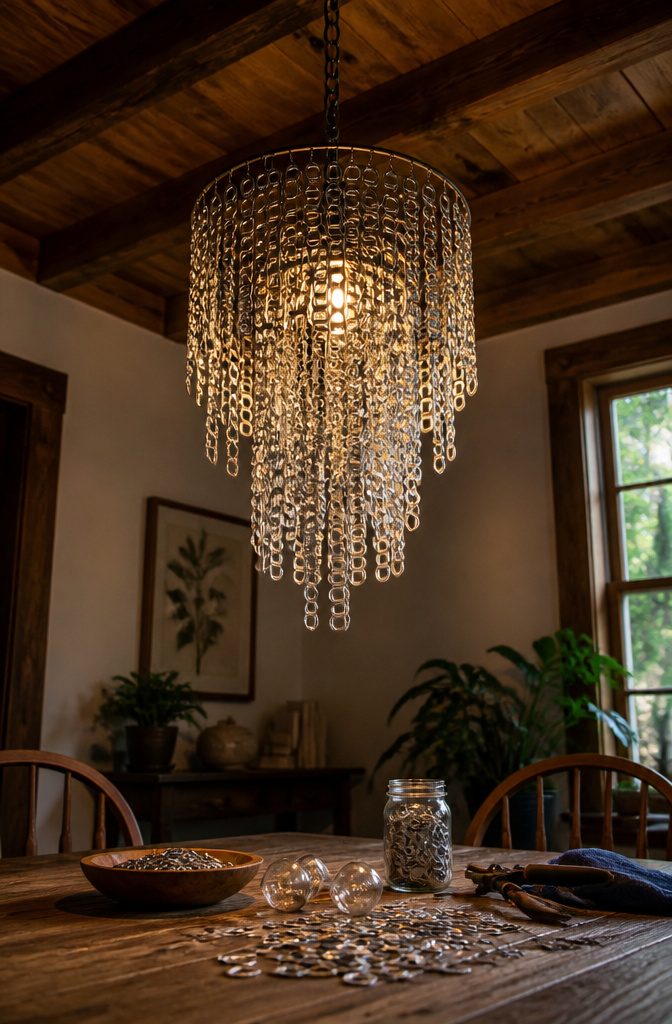 Chandelier made from soda can tabs arranged on a wire ring.