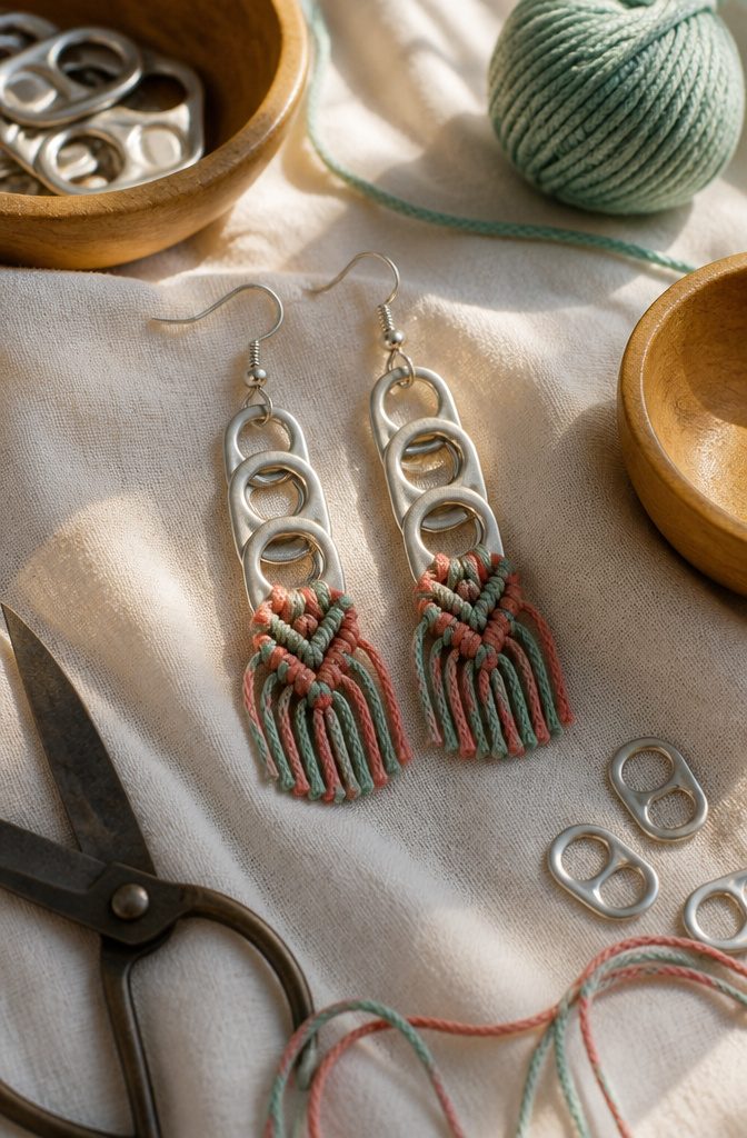 Earrings featuring linked soda can tabs with decorative cord.