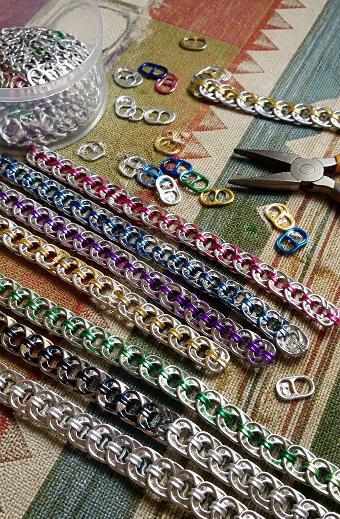 Colorful chains made from linked soda can tabs.