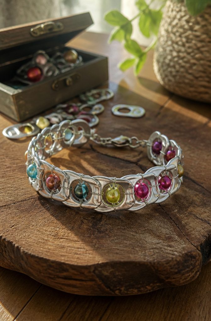 Bracelet made from linked soda can tabs and beads.