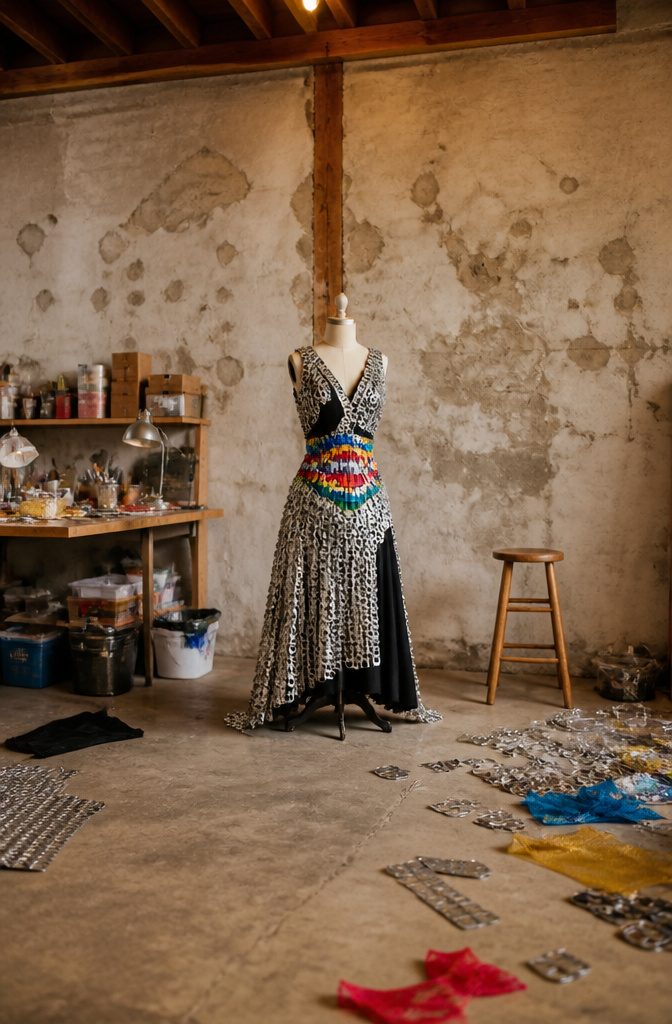 Dress made from soda can tabs as a costume piece.