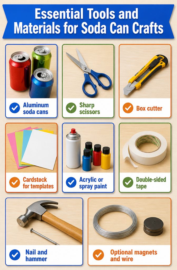 List of tools and materials needed for soda can crafting on a table.