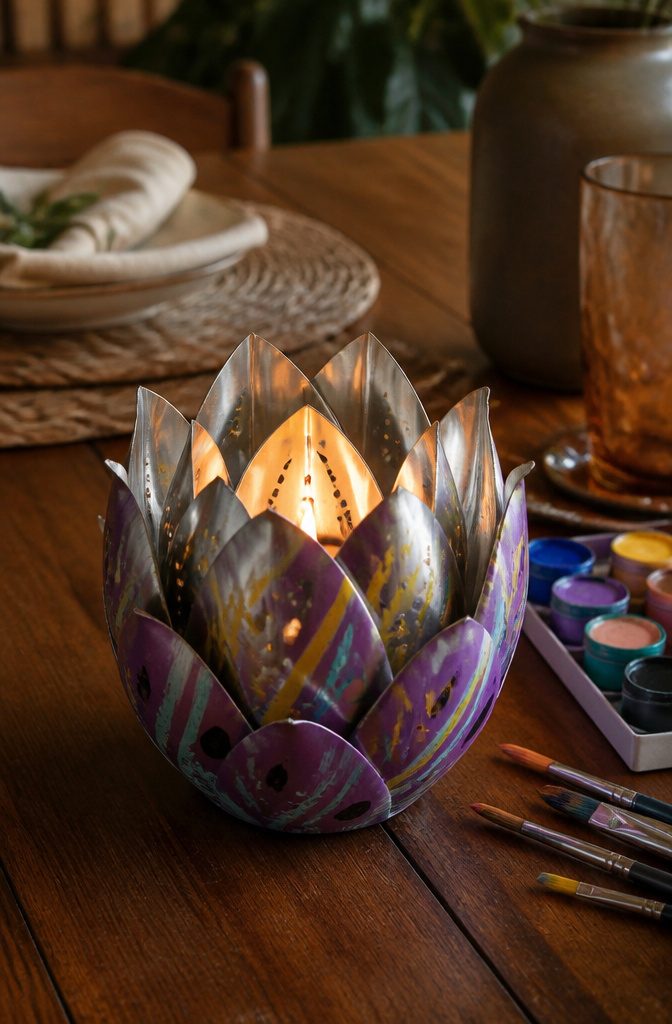 Soda can candle holder shaped like a closed flower bud around a votive.