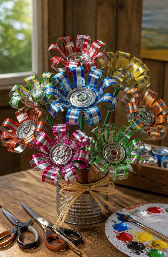 Soda can flowers made from cut aluminum, showcasing vibrant colors.