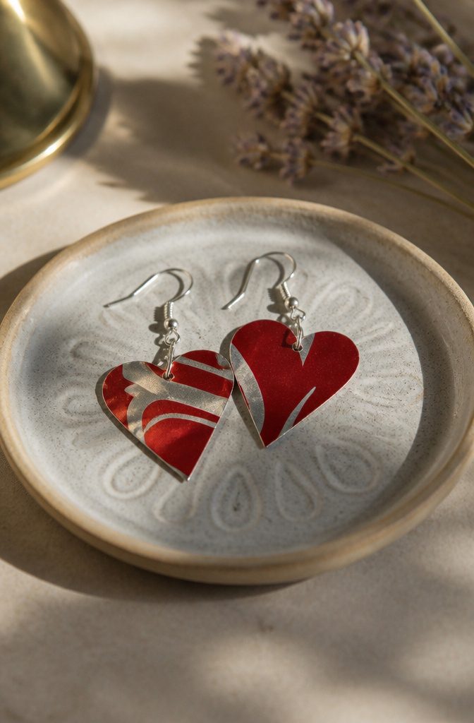 Soda can heart earrings cut from aluminum and prepared for hooks.