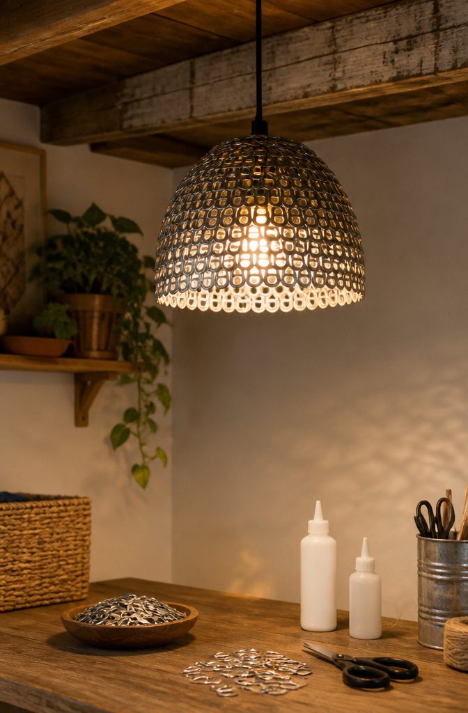 Pendant light made from overlapping soda can tabs hanging from a beam.