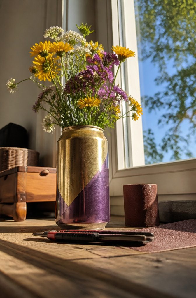 Soda can cut open at the top, ready to hold flowers.